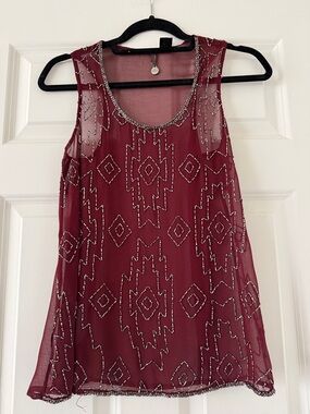 BKE Burgundy Beaded Mesh Tank